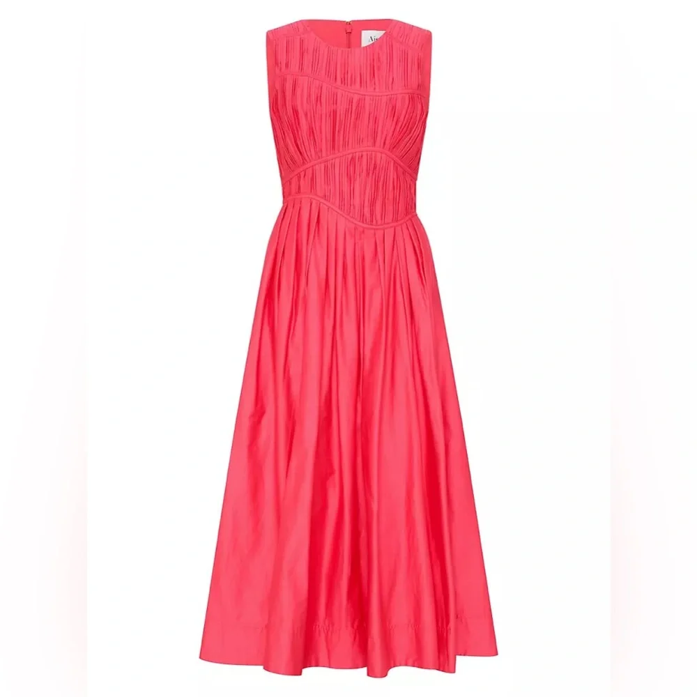 NEW NWT Aje. Sculptra Nya Gathered Midi Dress In Rouge Pink
